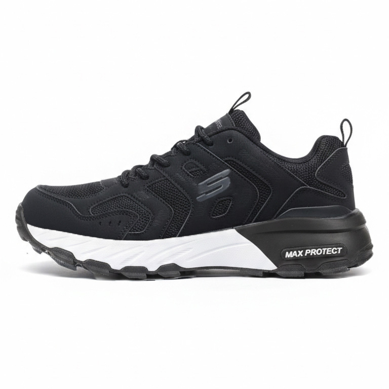 کفش اسپرت مردانه Skechers Max Protect مشکی سفید مناسب کوهنوردی و طبیعت‌گردی