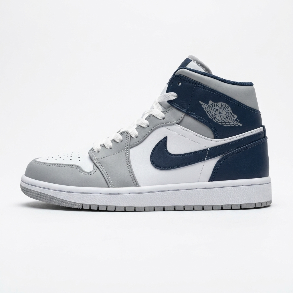 کتونی نایک ایر جردن 1 مید سفید طوسی سرمه‌ای مردانه | Nike Air Jordan 1 Mid White Grey Navy BG