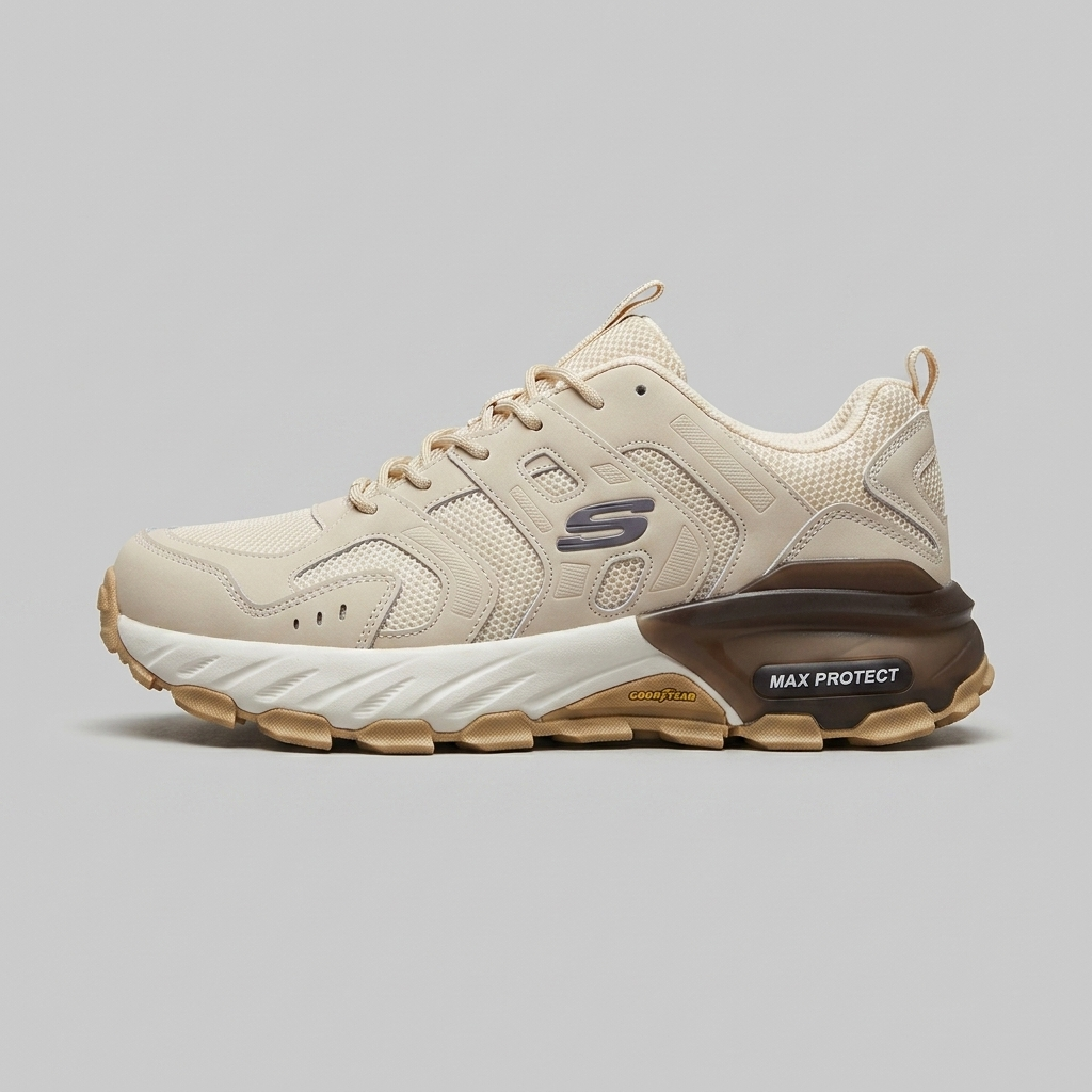 کتانی اسپرت مردانه مدل Skechers Max Protect رنگ موکا  مناسب کوهنوردی، طبیعت‌گردی و پیاده‌روی