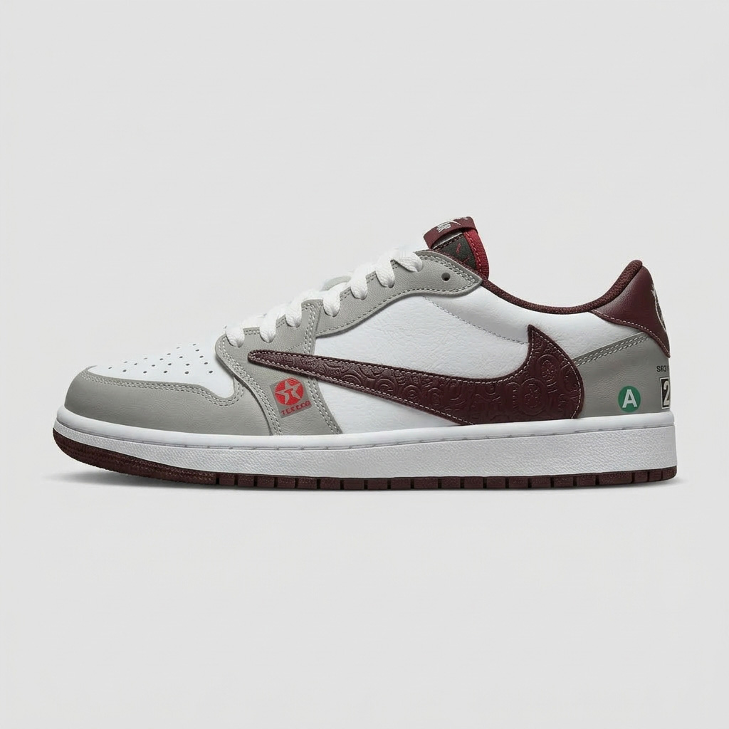نایک ایر جردن 1 بدون ساق تراویس اسکات طوسی زرشکی (  Nike Air Jordan 1 Low Travis Scott BG )