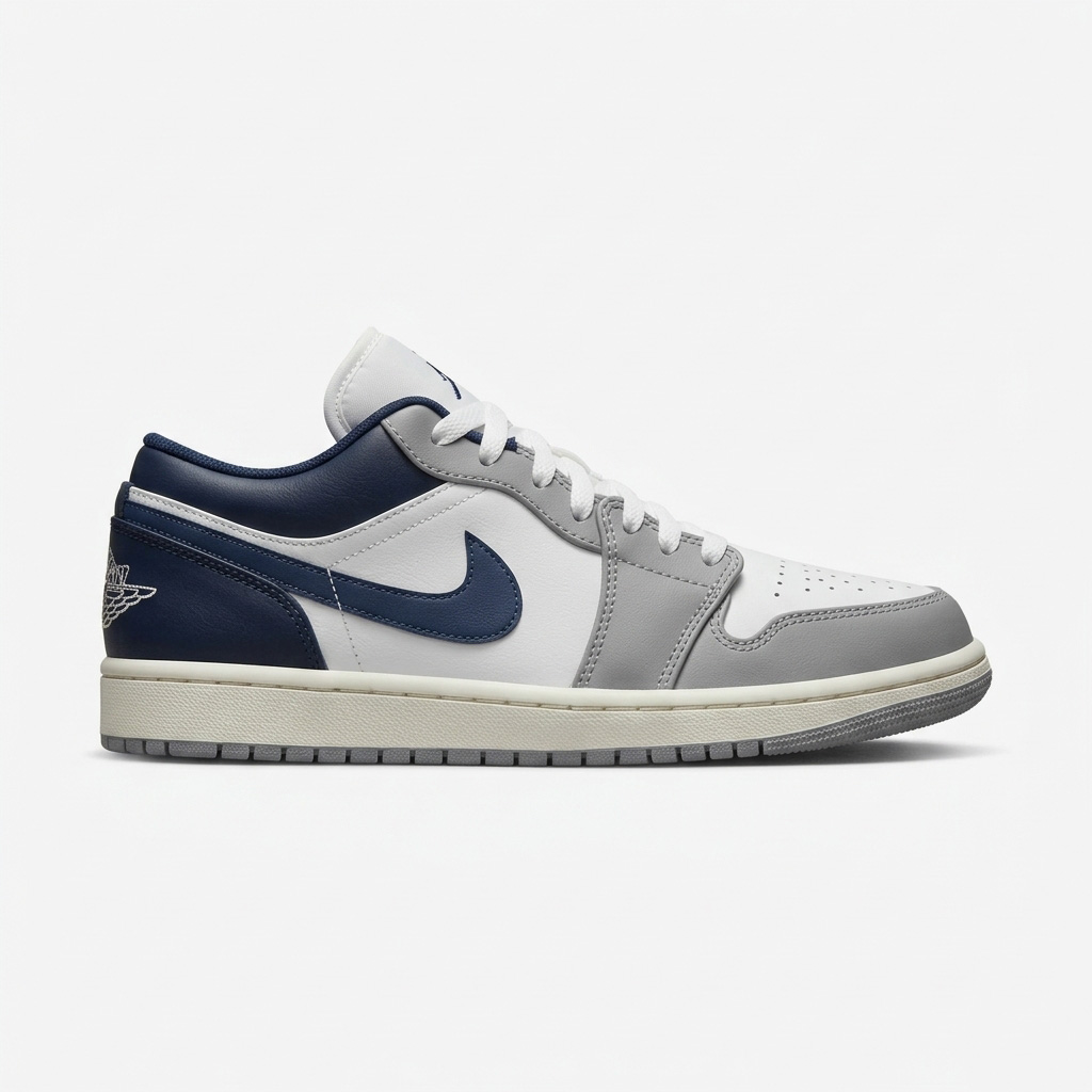 کتونی نایک ایر جردن 1 لو سفید طوسی سرمه‌ای مردانه | Nike Air Jordan 1 Low White Grey Navy BG